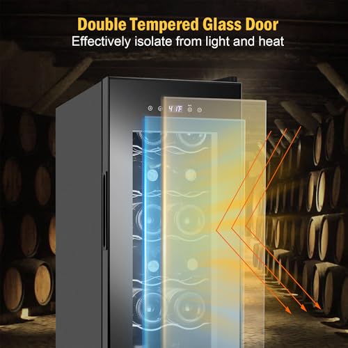 Image of Wine Fridge 12 Bottles, Small Wine Cooler Refrigerator Freestanding with Digital Temperature Control Safety Lock, Frost Free for Red White Wine, Champagne