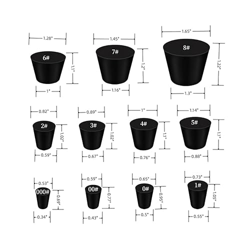 Miniatura 2 de Paquete de 21 tapones de goma sólida, tapón de laboratorio negro, surtido de tamaños 000# - 8#, 11 tamaños surtidos