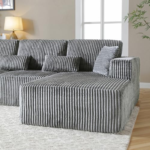 Image of L Shaped Modular Boneless Sectional Couches for Living Room, Wide Armrest, Deep Seat, Memory Foam, Assembly Free, Modern Comfy Corduroy Fluffy Cloud Sofa with Right Chaise, Grey