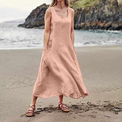 Plus Size Cotton Linen Summer Dresses for Curvy Women 2025 Sleeveless Maxi Vacation Beach Sundresses with Pockets