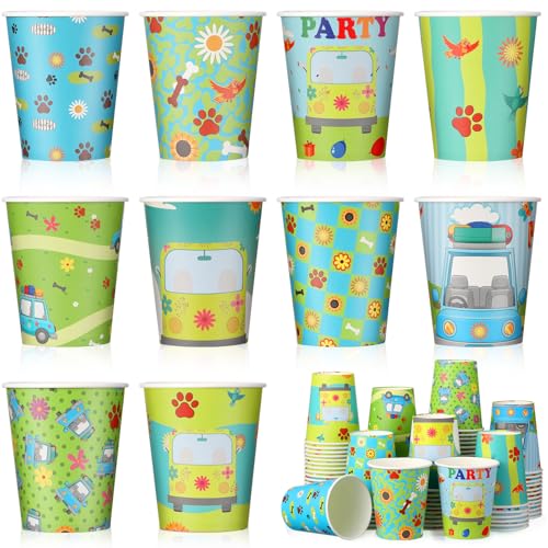 Tanlade 100 Pcs 9 oz Dog Cups Hippie Cartoon Daisy Car Disposable Paper Cups Hippie Themed Party Supplies Dog Party Decorations for Paw Birthday Baby Shower Favors