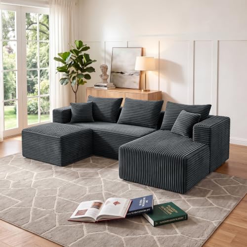 Image of 93 inch U-Shaped Boneless Couch, Corduroy Cloud Couch Sectional with Chaise and Ottoman, Deep Seat Modular Sectional Sofas for Living Room, No Assembly - Grey (Right Facing Chaise)