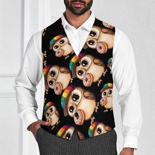 Owl Eats Doughnut Men's Suit Vests Business Formal Dress Vest V-Neck Waistcoat for Wedding Casual2