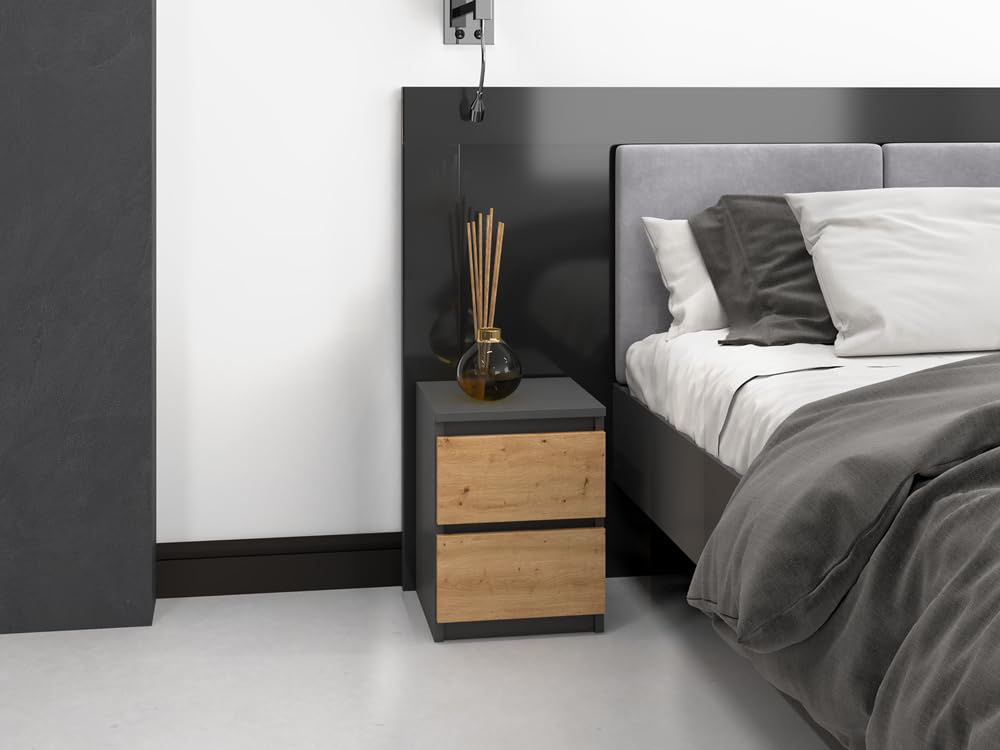 3E 3xE living.com Comodino, consolle da notte con 2 cassetti in antracite e rovere artisano con piano (larghezza x altezza): 30 x 40 x 30 cm