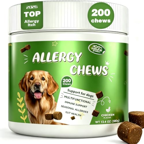 Dog Allergy Chews 200 Ct - Itch Relief for Dogs Immune Support with Colostrum Probiotics Seasonal Allergies Anti-Itch Skin & Coat Supplement, Itchy Skin & Paw Relief Bites - Chicken Flavor