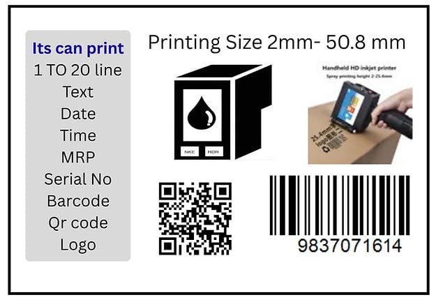Image of 50mm Handheld Thermal Inkjet Printer | Large Character Portable Coding Machine with Solvent Ink Cartridge | Prints Date, MRP, Batch, Barcode & QR Code on Packaging & Industrial Surfaces