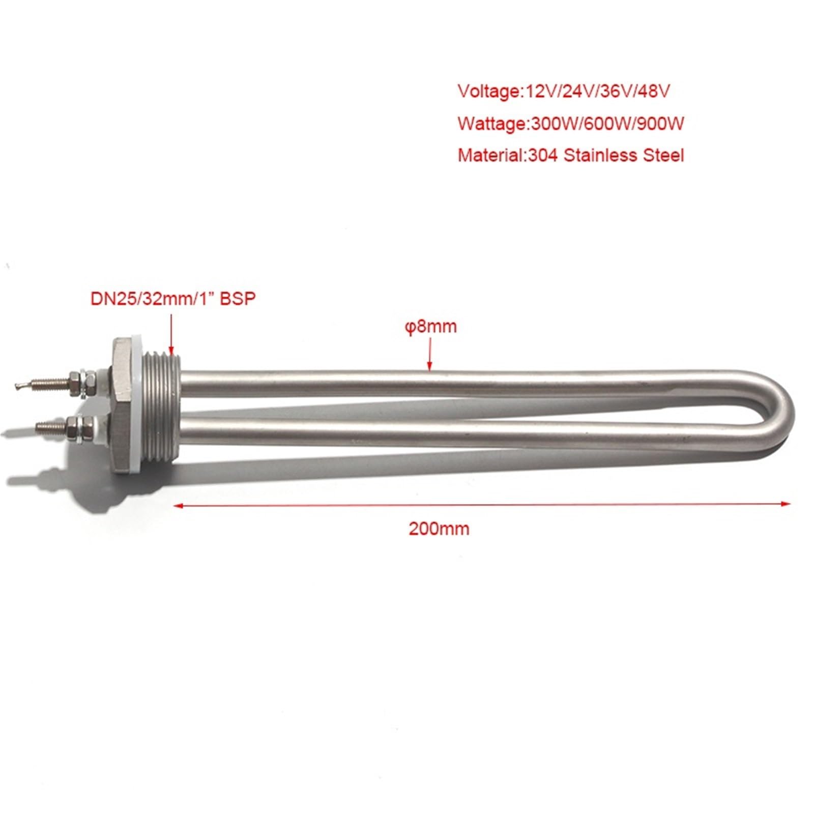 300 W 600 900 304 Edelstahl-Heizelement DN25/1 Zoll 32 mm Gewinde-Tauchheizrohr 1 Stück(36V 200W 200mmL)