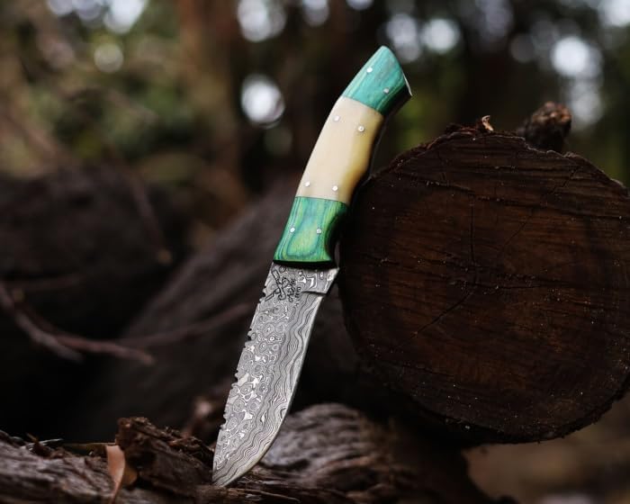 Miniatura 1 de Cuchillo de caza de acero de Damasco de hoja fija con funda de cuero, cuchillo de caza de espiga completa de 9 pulgadas, mango de madera
