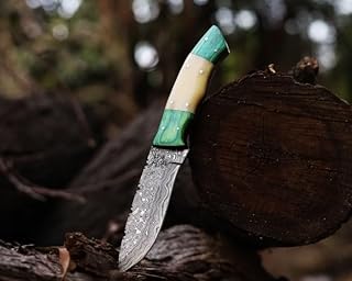 Fixed Blade Damascus Steel Hunting Knife with Leather Sheath, 9'' Full Tang Hunting Skinning Knife,Non-Slip Wooden Handle,Camping Knife (Green Wood) - ADAM KNIVES