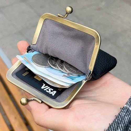 1Pcs Vintage Coin Purse Kissing Lock Wallet Coin Organizer Buckle Kissing Lock Coin Purse Leather Coin Clip for Men & Women (Black)3