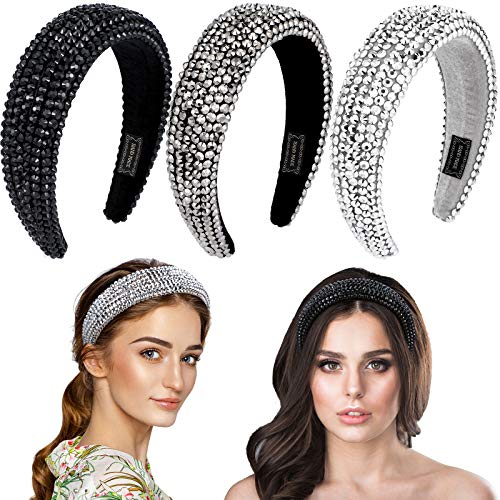 3 Pieces Padded Rhinestone Headband Wide Crystal Beaded Hair Headband Hair Accessories for Women Girls Party Supplies (Silver, Dark Grey, Black)