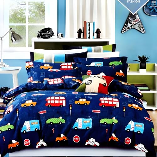 Image of Gleeson Fitted Bed Sheet with Elastic,Double Size Bedsheet with 2 Pillow Covers,Cotton Bedsheet for Kids Room,Bus Print Bedsheet for Girls|Boys Room (72x72x8 Inch)