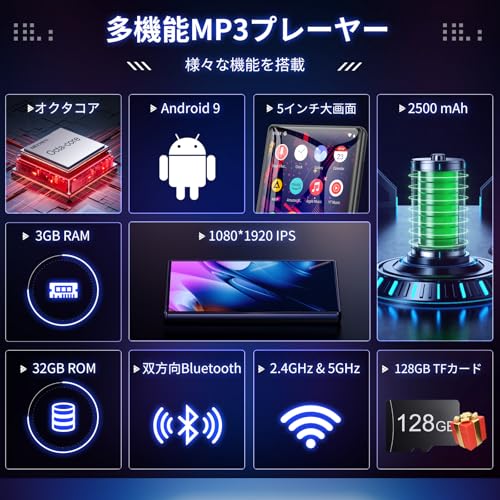 MECHEN 5インチ MP3プレーヤー 128GB TFカード付き Android 9.0 音楽プレーヤー 3GB + 32GB内蔵 ミュージックプレーヤー 多機能 MP4プレーヤー 1080p HD デジタルオーディオプレーヤー アプリインストール可能 検索機能付き スマホ・車載Bluetooth対応 2.4GHz/5GHz WiFi+Bluetooth 動画再生・壁紙変更・FMラジオ・録音