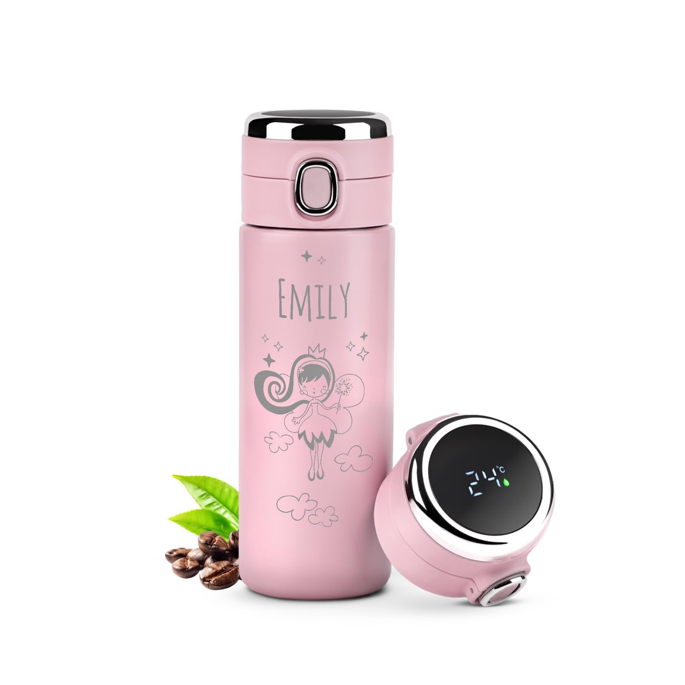 Maverton Pink Travel Mug for her - Personalized 400 ml Tumbler - Tea Mug with Engraving - Perfect Coffee Cup for Women - Stainless Steel Insulated Cup - Smart Tumbler for Girl - Fairy