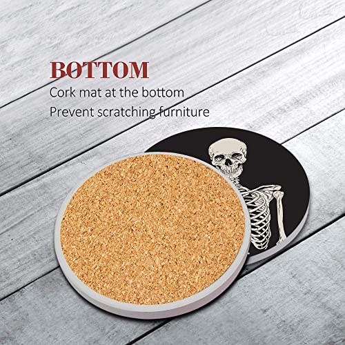 Coaster For Drinks Set Of 6, Skeleton Skull Body Vintage Bones Absorbent Round Ceramic Stone Mat, With Cork Base And Metal Holder, Gift For Housewarming Room Bar Decor #TOP1