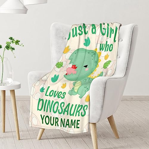 Personalized Dinosaur Blanket Gifts with Name - 50"x60" Cute Throw for Girls - Green Soft Fuzzy Blankets for Bed, Couch & Living Room