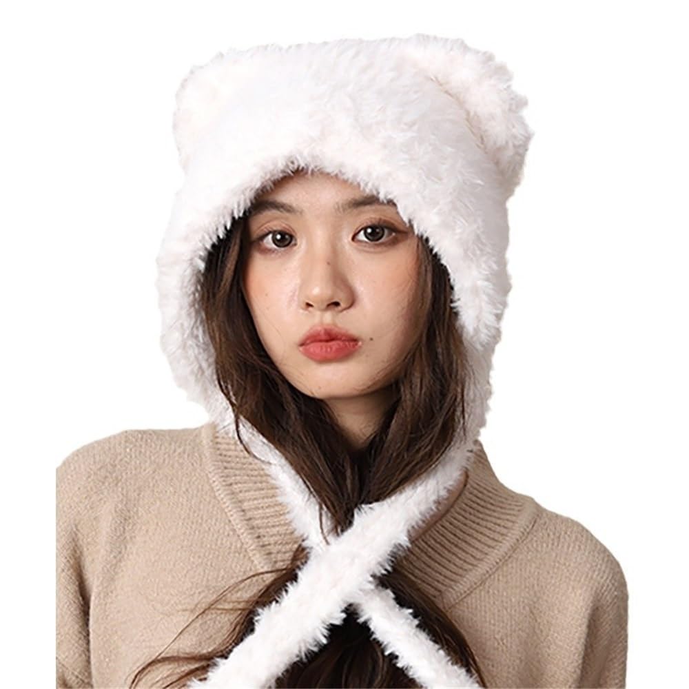 Bonnet ours en tricot blanc à rabat pour protéger les oreilles du froid