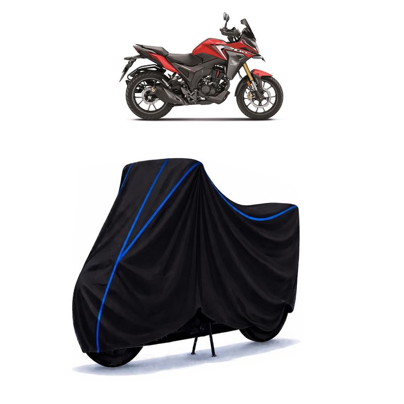 Image of CBR 200 Bike Cover Water Resistant Universal Motorcycle Rain | Heavy Duty UV Protection, Dust, Scratch Indoor Outdoor All Weather with Black Blue Piping Elastic