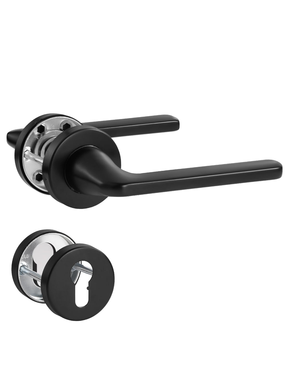 SORWDUERM Maniglia per porta nera Set maniglia, acciaio inox spazzolato opaco, maniglia per porta d'ingresso e porta interna, forma a L, rosetta rotonda, cilindro profilato PZ