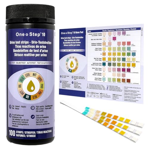100 x One Step Urin Teststreifen für 10 Parameter I Mit Farbkarte für genaues hygienisches Ablesen I Keton, Glukose, Bilirubin, spez. Dichte, Blut, pH, Protein, Urobilinogen, Nitrit, Leukozyten