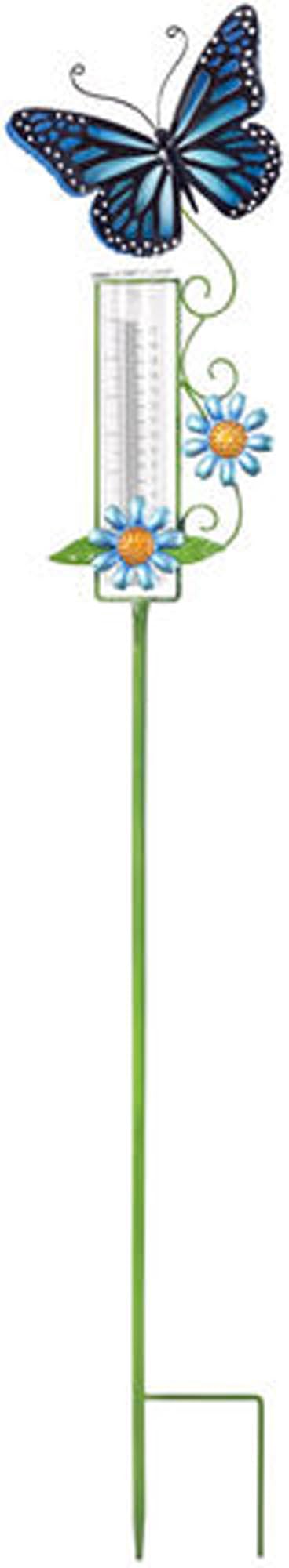 Sunset Vista Designs Garden Party Collection Colorful Metal Butterfly Rain Gauge Garden Stake, 46.5-Inch, Blue