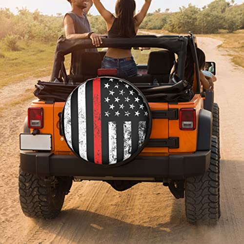 Image of USA Patriotic Firefighter Thin Red Line Flag Spare Tire Cover Dust-Proof Wheel Tire Cover Fit Trailer, RV, SUV and Many Vehicle 15 Inch