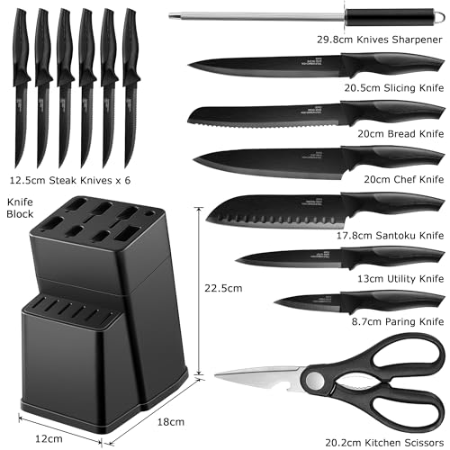 Joyfair Kitchen Knife Set, 15 Pieces Carbon Stainless Steel Kitchen Knife Block Set, Professional Sharp Cutting Tool Set for Chopping/Dicing/Slicing Steak Bread Fish Vegetable, Rust Free, Black - Image 3