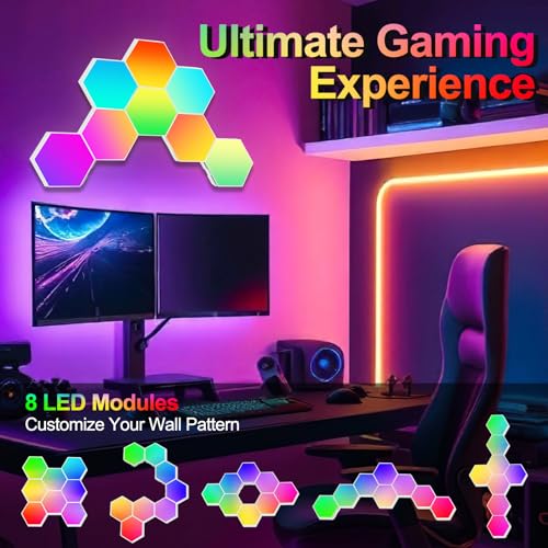 Image of Hexagon LED Light Panel, 8 Pack Smart APP and Remote RGB Wall Lamp with Cool Music Sync for Gaming Room Bedroom
