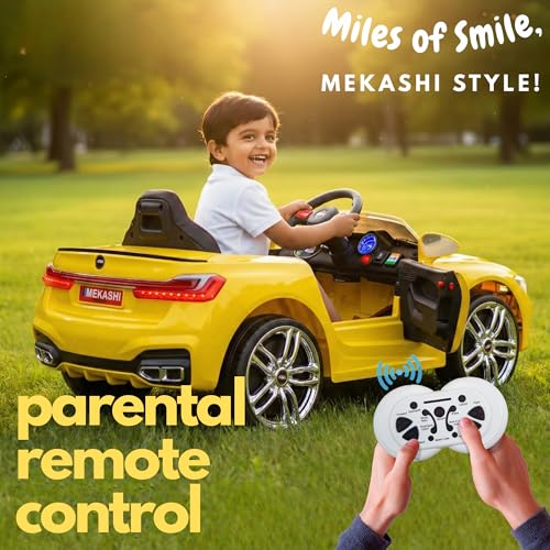 Image of MEKASHI Electric Ride-On Car for Kids 1-7 Years, 12V Battery, Remote Control, 5 Speed, LED Lights, Bluetooth, Glossy Yellow