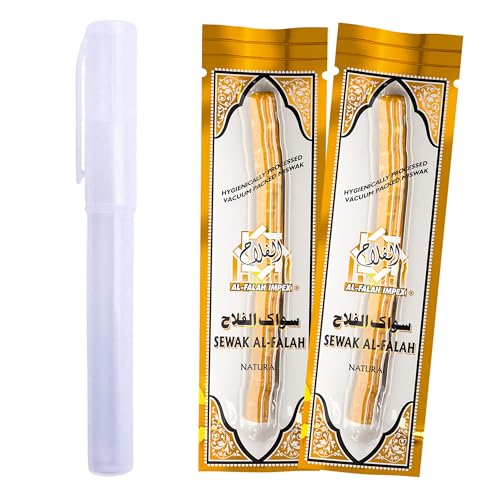 Al Falah Sewak Natural Miswak Toothbrush - 2 Sticks and 1 Holder - Vacuum Sealed Natural Flavor Traditional Toothbrush Stick - for Healthy Gums & Teeth