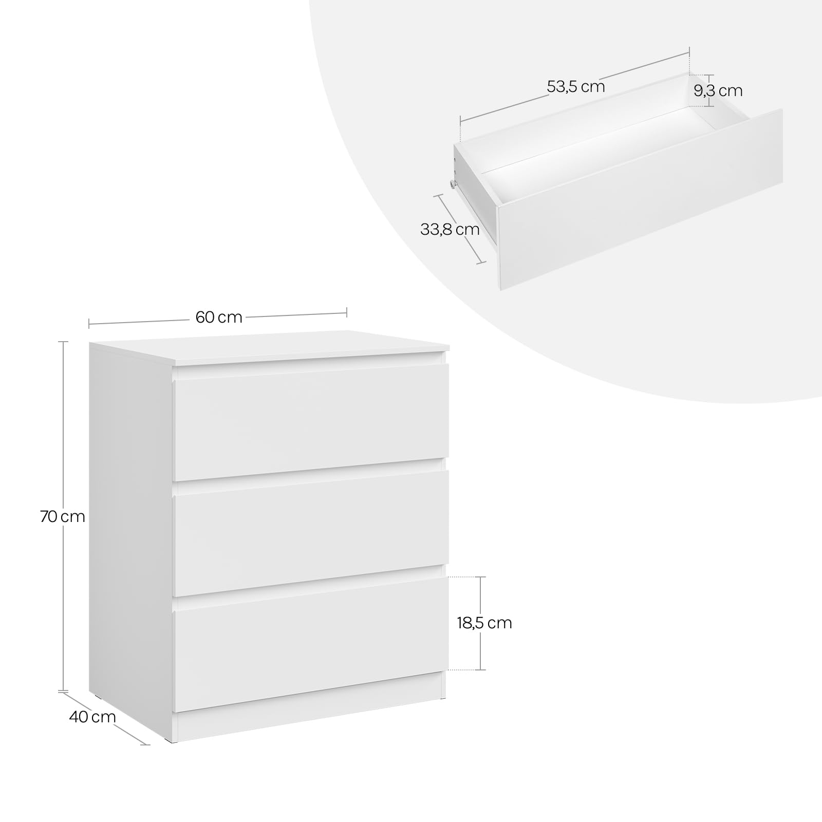 WOLTU Commode 3 Tiroirs, Chiffonnier Blanc | 60x40x70 cm, pour Salon, Chambre à Coucher, Couloir, en Bois d’Ingénierie