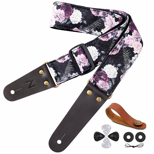 Nefelibata Correa de guitarra con estampado de algodón rosa con puntas de piel vacuno para bajo,...