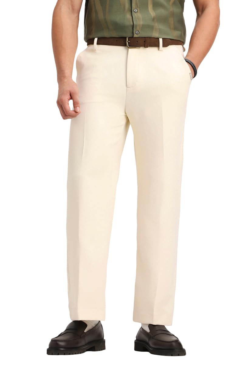 SNITCH Men Trousers Formal Wear | Flared Fit Plain Front Solid Pattern | Stretchable Polyester Blend Fabric for Comfortable Office Wear & Business Meetings in neutral