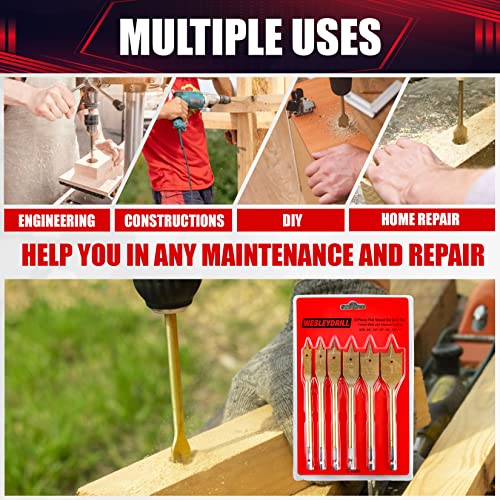 Wesleydrill Spade Drill Bit Set Paddle Flat Bits 6 Pcs 3/8"-1" Flat Wood Hole Cutter Fit For Most Types Of Wood As Well As Fiberglass #TOP4