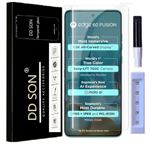Image of DD SON UV HD+ Tempered Glass Screen Protector Guard Compatible For Motorola Edge 60 Fusion 5G (6.67 Inch, Pack of 1) Full Adhesive UV Curved Case Friendly HD+ Clarity