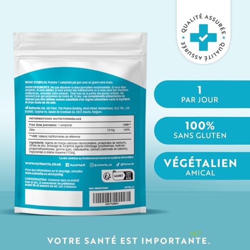 Zinc 15mg - 400 comprimés végétaliens - 1 an+ d'approvisionnement - Zinc 15mg - Supplément de zinc pour maintenir le système immunitaire, les os, les cheveux, la peau et les ongles normaux - Nutravita – Image 4