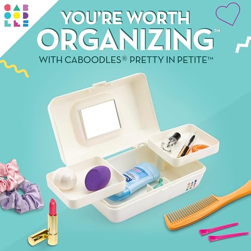 Caboodles Pretty in Petite Makeup Box, Two-Tone White on White, Hard Plastic Organizer Box, 2 Swivel Trays, Fashion Mirror, Secure Latch for Safe Travel