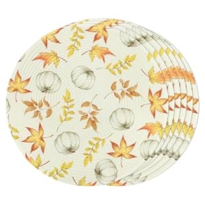U’Artlines Fall Round Braided Placemats Set of 6, 15Inch Pumpkin＆Leaves Washable Round Woven Placemats Table Mats for Thanksgiving Party Kitchen Dining Table