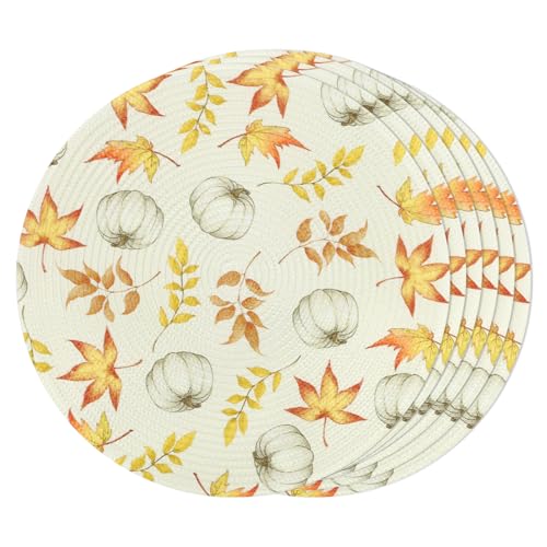 U'Artlines Fall Round Braided Placemats Set of 6, 15Inch Pumpkin&Leaves Washable Round Woven Placemats Table Mats for Thanksgiving Party Kitchen Dining Table