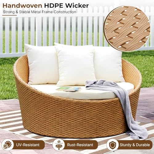Image of DEVOKO Outdoor Wicker and Rattan Daybed Furniture Set in Beige & White, Perfect for Outdoor, Poolside, Garden, Balcony, Porch, Backyard, Terrace, Patio, Beach Round Sofa, 1 Seater