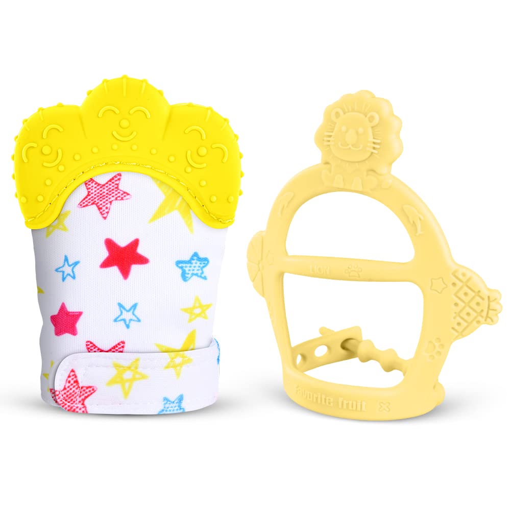 Vicloon Baby Teething Set,2Pcs Teething Mittens for Baby,Includes Baby Chew Toy and Teething Glove, Silicone Mitten Teether Glove,Infant Soothing Pain Relief Mitt Baby Teether Mits for Baby (Yellow)