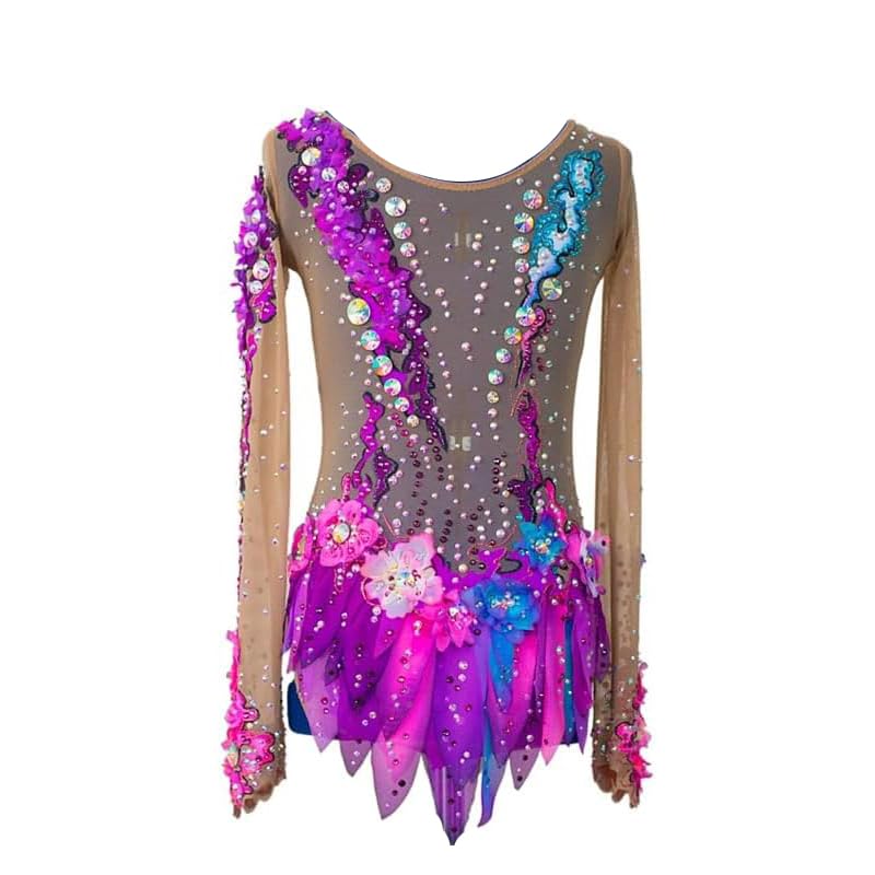 Donna Manica Lunga Competizione Professionale Ginnastica Ritmica Danza Body Ragazze Gradient Ghiaccio Pattinaggio Prestazioni Abiti Brillanti Strass Cristallo