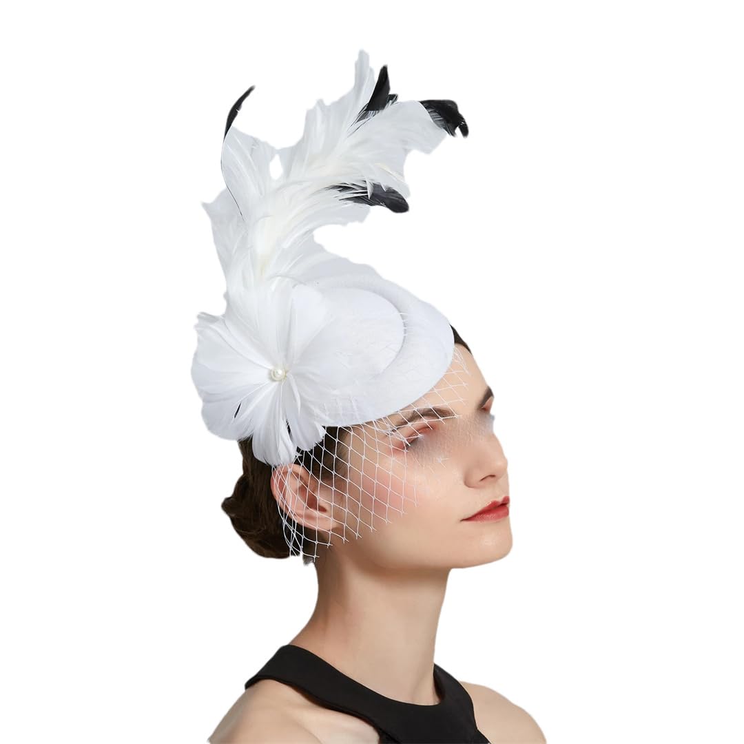 FBHappiness Feather Flower Fascinator Hat With Veil Mesh Bridal Wedding Headband With Clip Tea Party Headwear For Women