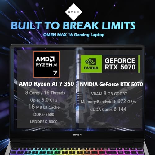 Image of HP Omen Max 16 inch Gaming Laptop, AMD Ryzen AI 7 350, GeForce RTX 5070, WQXGA (2560 * 1600) 240Hz IPS Display, 32GB DDR5+2TB SSD, 3 Heat Dissipation Design, Full-Size RGB Keyboard, Omen AI, Win 11 Home