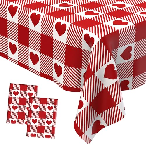 Valentines Tablecloth Plastic 2 Pcs Disposable Love Heart Tablecloth Rectangle Valentine Table Cloth Waterproof Table Cover for Valentine Decoration Wedding Anniversary Party 54 x 108 Inches