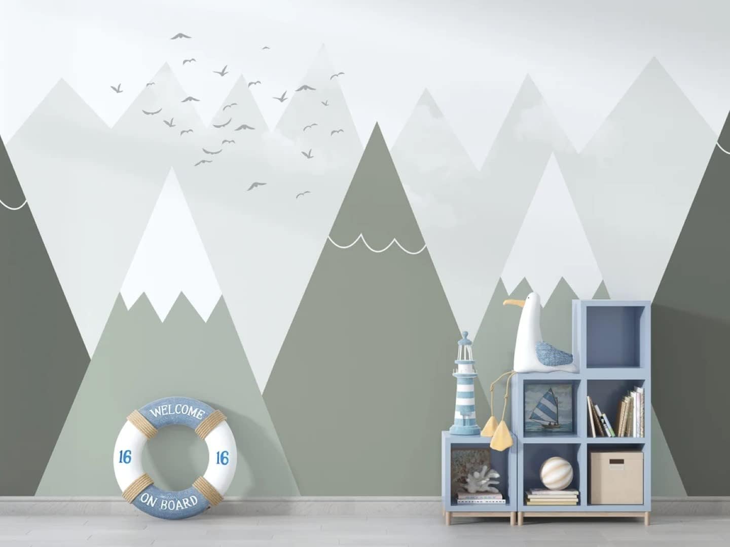 Triangle Row of Snowy Mountains Birds Abstract Geometric Peel and Stick Wallpaper Wall Kids Room Nursery 100''H x 150''W