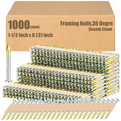 Hicarer 1000 Count Framing Joist Hanger Nails 36 Degree Metal Connector Nails Electroplating Galvanized Round Head Ring Shank Paper Tape Collated for Furniture Plasterboard (1-1/2 x 0.131 Inch)