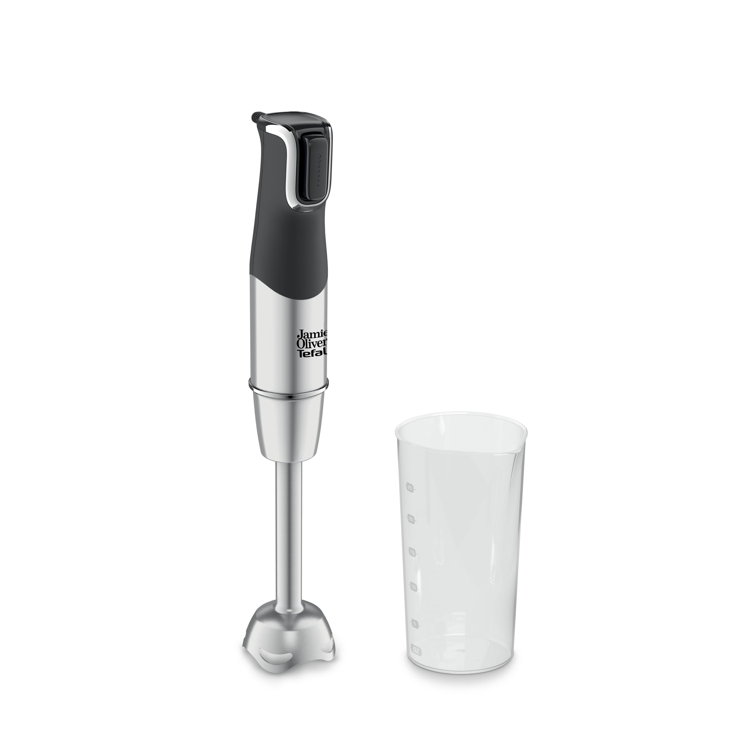 Jamie Oliver by Tefal HB95JD10 - Batidora de mano, cuchillas de acero inoxidable, 1200 W, base de batidora, apta para lavavajillas, disparador multivelocidad, protección contra salpicaduras, incluye