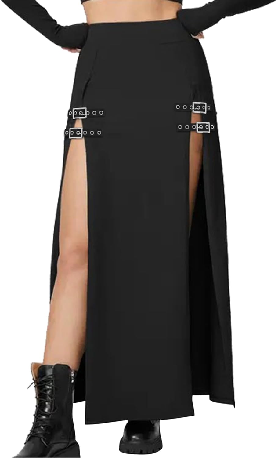 Black Punk Gothic Rave Maxi Skirts with Double Buckle Split for Women Long Goth High Waist Club Party Slit Skirt - Image 4