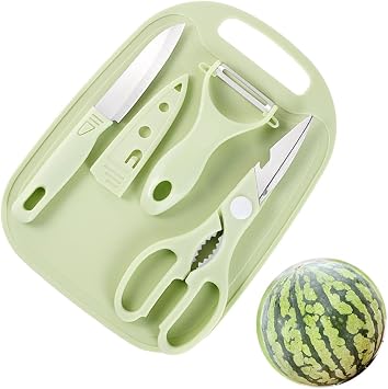 Mini Travel Cutting Board Set, 4 Pcs Portable Mini Camping Plastic Cutting Board & Knife, Fruits & Vegetable Peeler Scissors Green